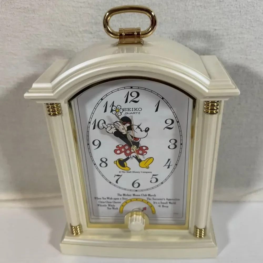 Vintage Seiko Quartz Disney Minnie Mouse Musical Alarm Clock Mantel White
